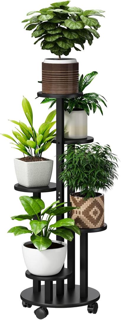 FILWH Plant Stand For Outdoor Indoor Tall Bamboo Flower Stand with Wheels Plant Shelf Pot Holder Plants Corner Display Rack for Balcony Garden Patio, (Black)