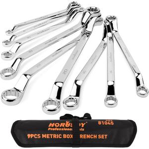 HORUSDY 9-Pieces Metric Offset Box Wrench Set with Rolling Pouch, 50-Degree, Metric 6-24mm, CR-V Steel