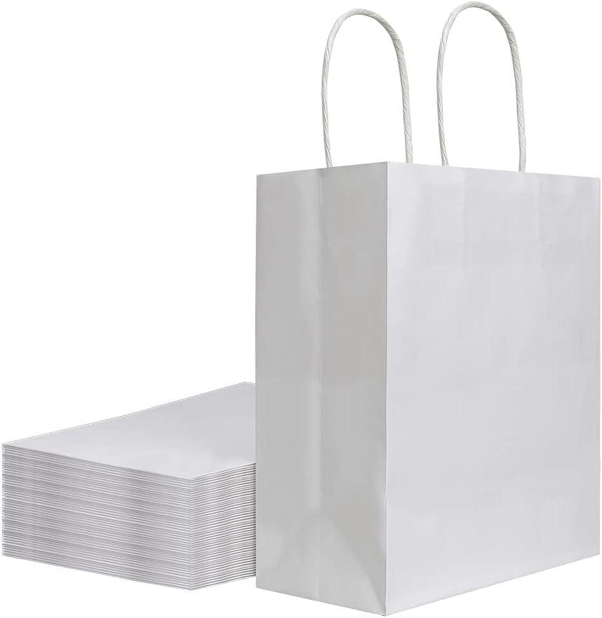 bagmad 50 Pack 8x4.75x10 inch Medium White Kraft Paper Bags with Handles Bulk, Gift Bags, Craft Grocery Shopping Retail Birthday Party Favors Wedding Sacks Restaurant Takeout, Business (50Pcs)