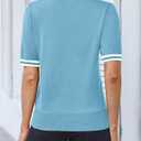 Kate Kasin Women Short Sleeve Polo Sweater V Neck Knitted Tops Casual Ribbed Shirt Loose Pullover Sweater (Blue, XL)