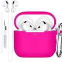 Charlam Compatible with AirPods 4 Case(2024), Soft Silicone Protective Cover for Apple AirPods 4, with Keychain, Cleaning Kit & Anti-Loss Strap, AirPods 4th Generation Case for Women Men, Rose Pink