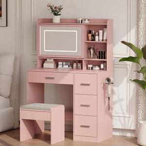 Vanity Desk with a Mirror and Lightswith Chair and Four Drawers, Three Adjustable Lighting Modeswith Power Outlet and Sliding LED Mirror,Bedroom Vanity Desk (Pink)