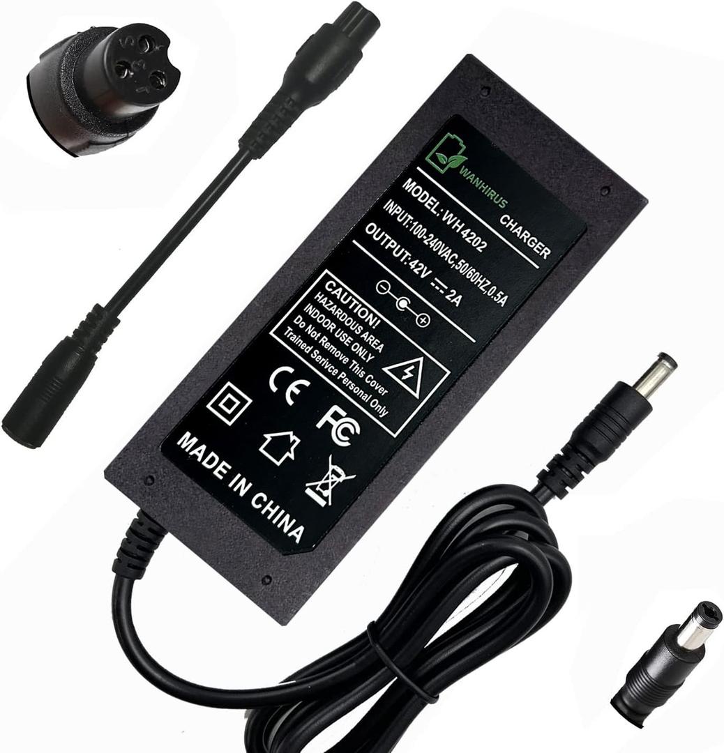 42V 2A Charger for Scooter 36V Lithium Battery, Smart Power Supply for 36 Volt Li-on (8mm 3-Prong and 5.5mm DC Connector)