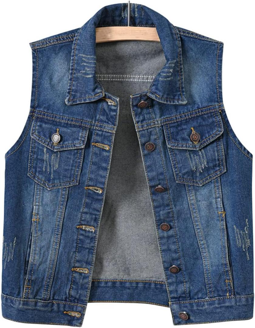 Women's Casual Denim Waistcoat Slim Fit Frayed Sleeveless Jacket Ripped Tops with Pockets (Medium)