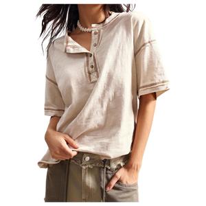 RoseSeek Women's Button Down T Shirts Crew Neck Short Sleeve Tee Tops Summer Tops Apricot Large