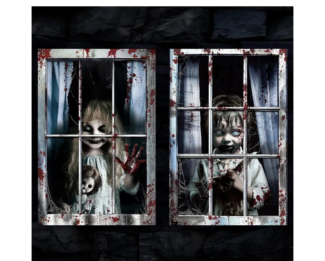 2 Pcs Halloween Boy and Girl Scary Curtains, Black and White, 47.2 x 31.5 Inches, Unique Design, Polyester Fabric, Easy to Install, Indoor and Outdoor Window Decor