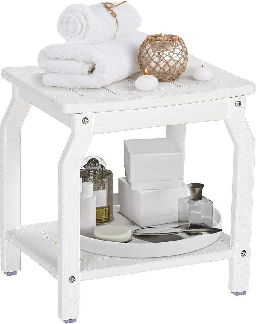 2-Tier HDPE Shower Bench with Non-Slip Foot Pads, Wood-Like Spa Shower Stool for Inside Shower, Ergonomic Waterproof Bathroom Bench Seat with Storage Shelf, for Seniors & Adults (White)