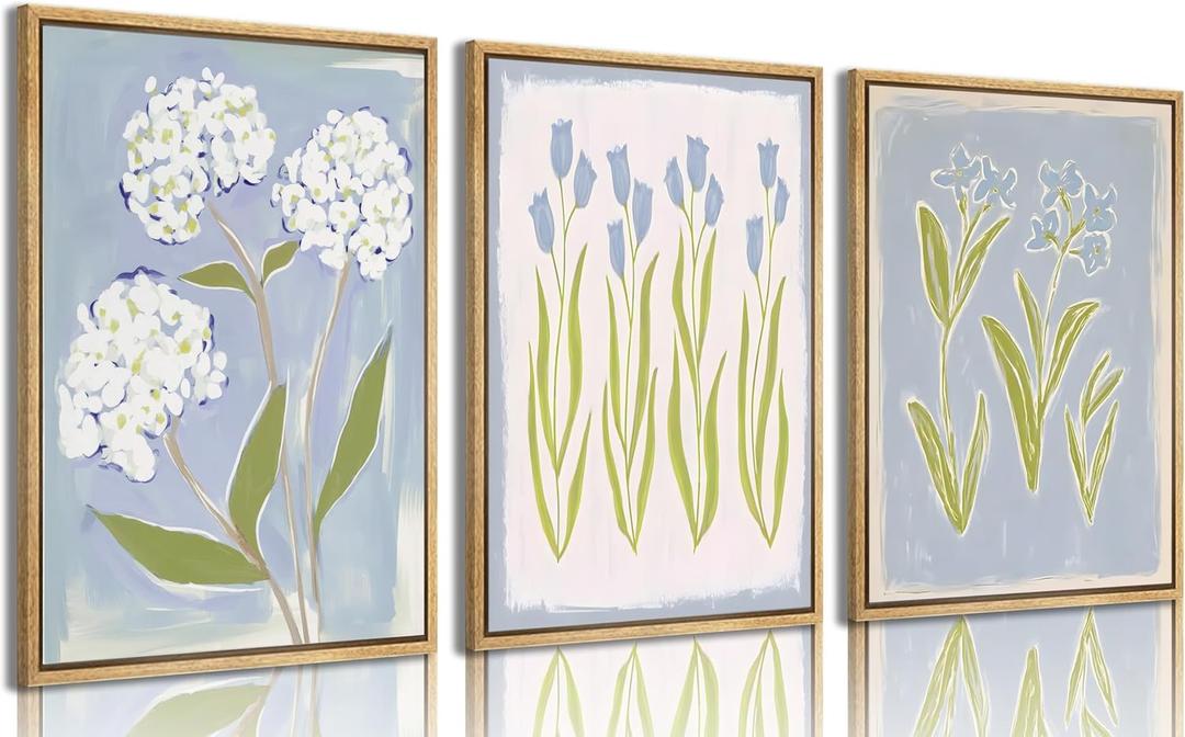 3Pcs Blue Green Tulip Hydrangea Flower Wall Art Flowers Plant Aesthetics Painting Picture Decor Elegant Preppy Poster Print Artwork for Living Room Gallery Bedroom Dorm Home Decoration (24L" x 16W")