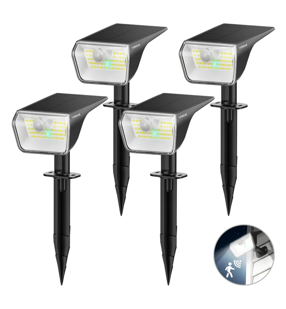 Linkind Solar Lights Outdoor Waterproof IP67, 3000K/6500K Solar Motion Sensor Lights with 6 Modes, 60 LEDs Solar Powered Spot Lights Outside Landscape Lighting for Garden Yard Pathway, 4 Pack