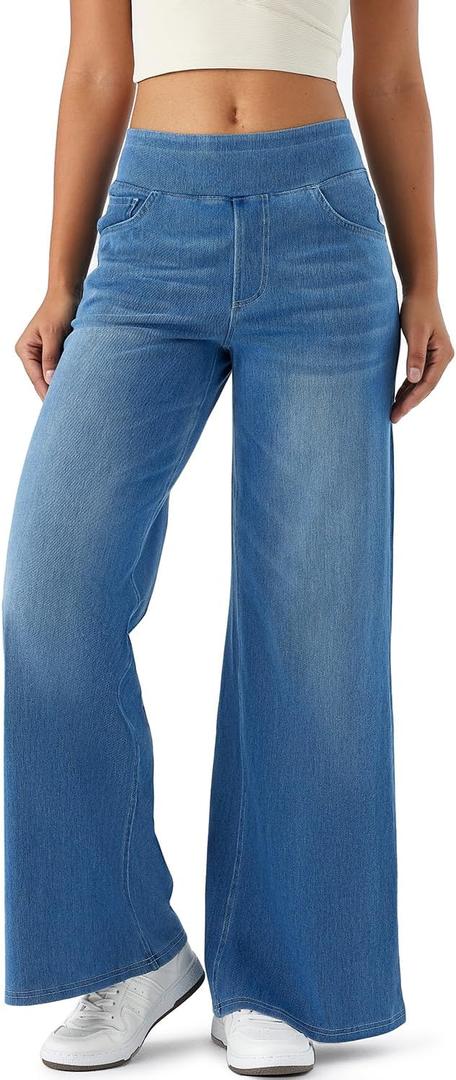 Women's High Rise Wide Leg Jeggings - Stretch Pull On Jeans-Style Pants, Soft Denim with Pockets (Medium, Medium Blue)