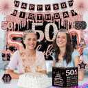 50th Birthday Decorations for Women, 32pcs 50th Birthday Party Decorations, Including Backdrop, Crown, Sash, banner, Hanging Swirl, Cake Topper, balloons, Paper Fans, Anniversary Card and paper fans