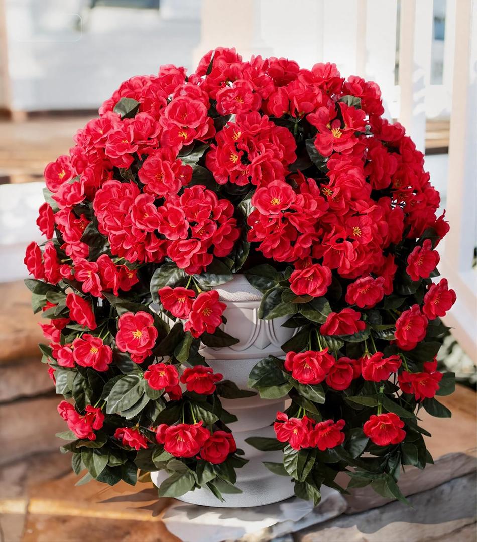 Artificial Flowers for Outdoors Fake Geraniums Spring Outside Decor, 2 PCS Red Geraniums Faux Hanging Flowers Plants UV Resistant Outdoor Silk Vines Look Real for Planters Patio Porch Garden Home