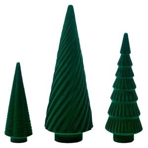  DN DECONATION Set of 3 Flocked Velvet Christmas Trees, Green Tabletop Xmas Tree Decor with Pine, Swirl & Wave Designs Mini Christmas Figurines for Mantel, Desk, Holiday Centerpiece