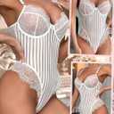 Women Lace Bodysuit Sexy Teddy Lingerie Body Suit Eyelash Trim Mesh Stripes 1 Piece Snap Crotch Tops (Red, S)