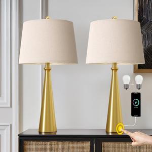 Oneach 25.75" 3-Way Dimmable Touch Control Modern USB Table Lamp Set of 2 for Living Room Bed Room Bedside Nightstand Lamps Fabric Shade Vintage Accent Light Gold Antique Brass