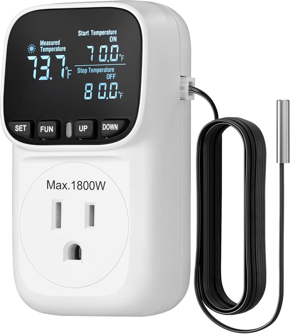 DEWENWILS Digital Temperature Controller, Heavy Duty 15A/1800W Thermostat Outlet Plug, VA Display Heating Cooling Control Timer, -40~210, Cyclic Timing/Countdown, for Greenhouse Incubator Homebrew