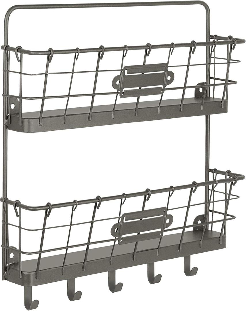 Spectrum Mail and Key Organizer for Wall, Vintage 2-Tier Mail Holder for Wall with 5 Key Hooks, Farmhouse Entryway Key and Mail Holder, Hanging Mail Organizer Rack for Letters Bills, Industrial Gray