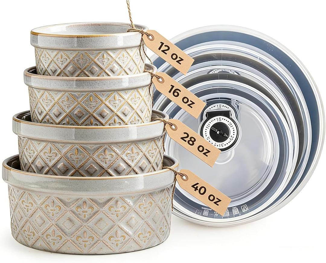 MISSYSSIM Ceramic Mixing Bowls with Lids Set of 4, Embossed Nesting Storage Bowls for Cooking, Serving, Salad, Popcorn etc, Microwave and Dishwasher Safe, Baking Dishes 12/16/28/40 oz (Gray)