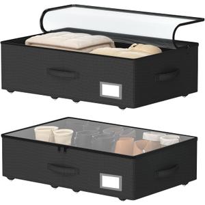 Underbed Storage Bins with Wheels, No Assembly Required - 7.5 inch height Black Large Capacity Rolling Underbed Containers for Shoes, Dorm under bed storage drawers