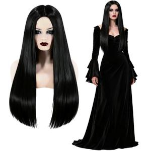 Gothic Long Straight Center Part Black Wig for Adult Women - Cute & Playful, Perfect for Halloween Cosplay