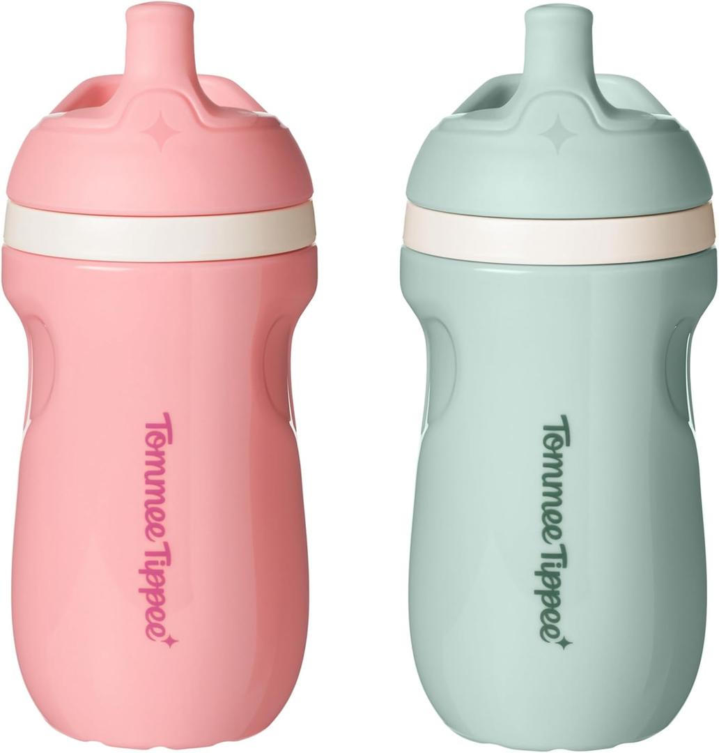 Tommee Tippee Insulated 9oz Sporty Spout Toddler Water Bottle, No Spill Sippy Cups for Toddlers 1-3, Two-Piece Valve Helps Stop Spills, BPA Free, Pink and Mint, Pack of 2