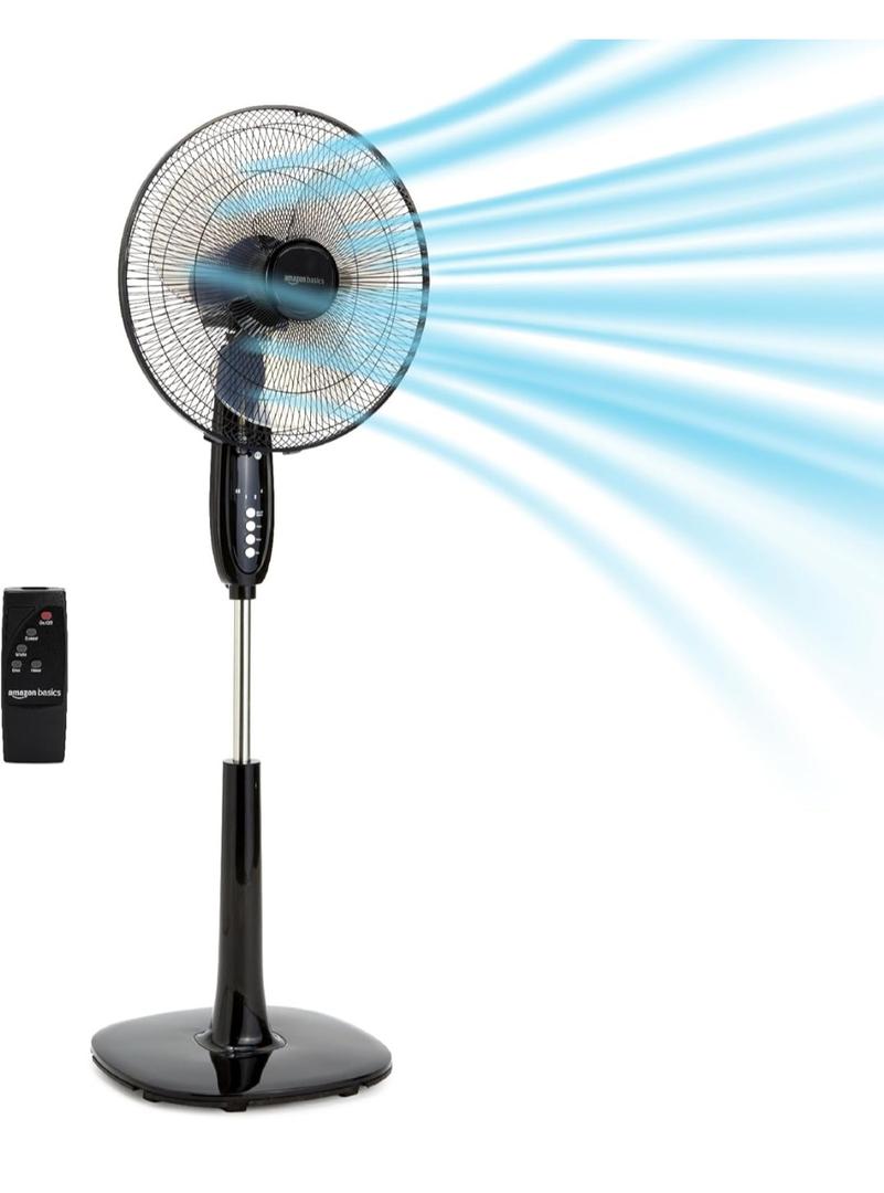 Amazon Basics 16" Pedestal Fan with Remote for Bedroom, Living Room, Office, Adjustable Height, Dual-Layered Blades, 3 Speeds, 3 Modes, Timer, Tilt Head, 60W, Black