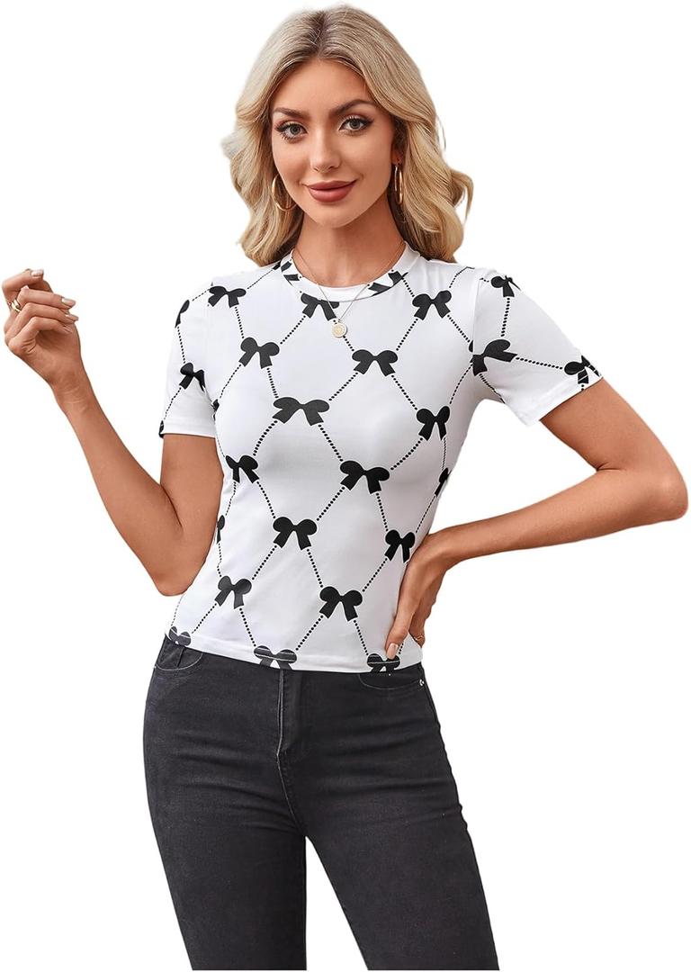 WDIRARA Women's Bow Print Short Sleeve T Shirts Crew Neck Tee Going Out Fitted Tops (White, L)
