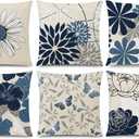 COMMINY Blue White Pillow Covers 16x16 Set of 6, Daisy Dahlia Throw Pillow Cover, Beige Pillowcase, Modern Couch Pillow Cover for Sofa Living Room Farmhouse Home Decor