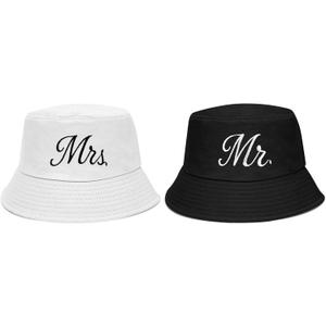 MGupzao 2Pcs White Bride Bucket Hats Beach Bachelorette Party Decorations Bridal Gift Honeymoon Travel Outfit (Mr & Mrs)