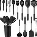 E-far 14 Pieces Silicone Cooking Utensils Set, Kitchen Utensils Set with Holder, Spatula, Ladle, Spoon, Tong, Slotted Turner for Nonstick Cookware, Heat Resistant & Stainless Steel Handle, Black