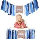 Buryeah One Highchair Banner 1st Birthday Highchair Banner 80 inch for Girls Boys Birthday Party Supplies Cake Photo Props Baby Shower Garland(Blue White)