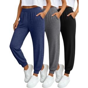 3 Pack Women's Yoga Joggers, Cozy Lounge Pants with Pockets Gym Athletic Loose Sweatpants Comfy Cuffed Pants (S, Black, Dark Gray, Dark Blue)