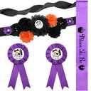 Jiuguva 4 Pcs Halloween Witch Themed Baby Shower Sash, a Baby is Brewing Mom to Be Dad to Be Corsage Pins Pumpkin Bat Maternity Sash for Pregnancy Halloween Gender Reveal Party Decoration