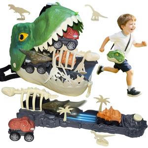Dinosaur Launch Tracks Toys with Rolling Wheels & Storage Box & Shoulder Bag, 3-in-1 Toy Set for Kids 3+, Cool Dinosaur Car Playset for Toddler Boys & Girls' Festival Gift (Tyrannosaurus rex)