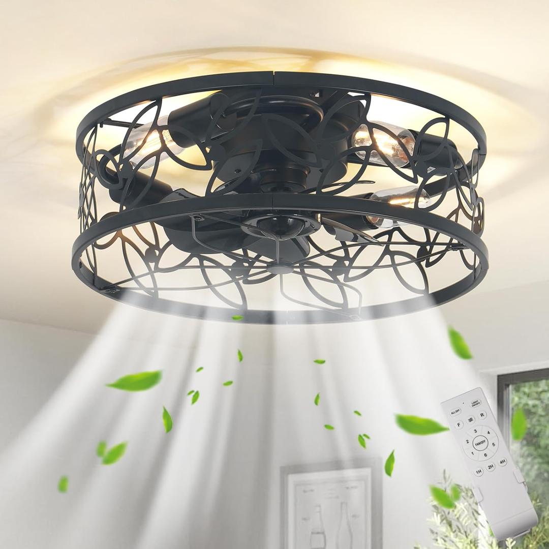 Garwarm 18in Caged Ceiling Fan with Light,Rustic Farmhouse Ceiling Fans with Lights and Remote,Bladeless Black Fandelier Ceiling Fan,Small Flush Mount Ceiling Fan for Kitchen, Bedroom6 Speed, Timing