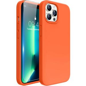 Miracase Designed for iPhone 13 Pro Max Case with Screen Protector,[Soft Anti-Scratch Microfiber Lining],Shockproof Liquid Silicone Rubber Phone Case Cover 6.7 inch, Orange