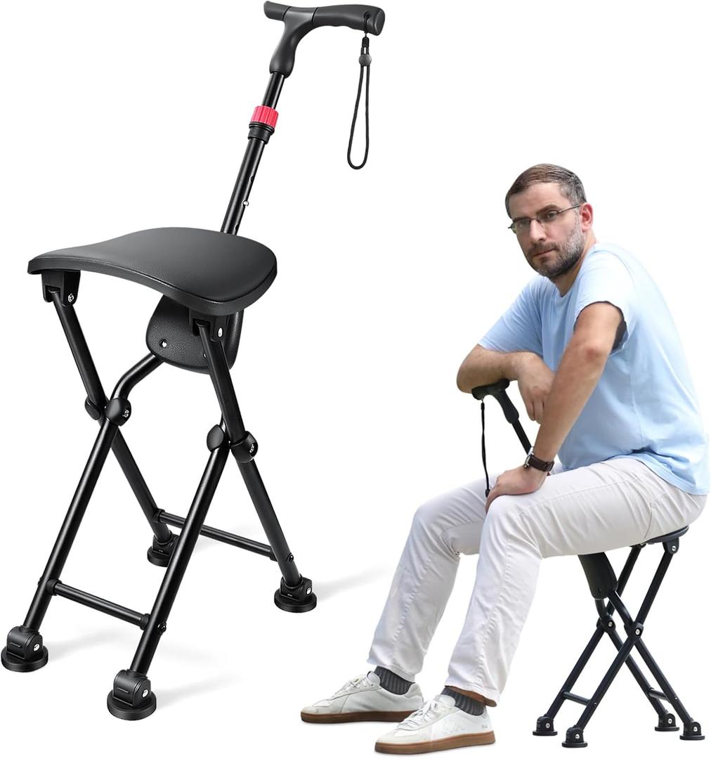 HZZEDNG-Hold 400 lbs Folding Canes with Seat, Allows Durability While Walking and Convenience for Sitting, Aluminum Portable Anti-Slip Cane Seat, Height-Adjustable Walking Cane (Black)