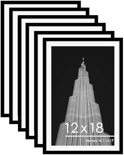 PEALSN 12x18 Picture Frame Set of 6, Display Pictures 11x17 with Mat or 12x18 Without Mat for Wall Mounting Display, Poster Frames Collage for Wall Decor, Black.