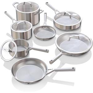 Ninja EverClad Stainless Steel Cookware 12 Piece Pots & Pans Set, All Stovetops & Induction, Oven Safe to 600F, Tri-Ply Commercial-Grade, C99012