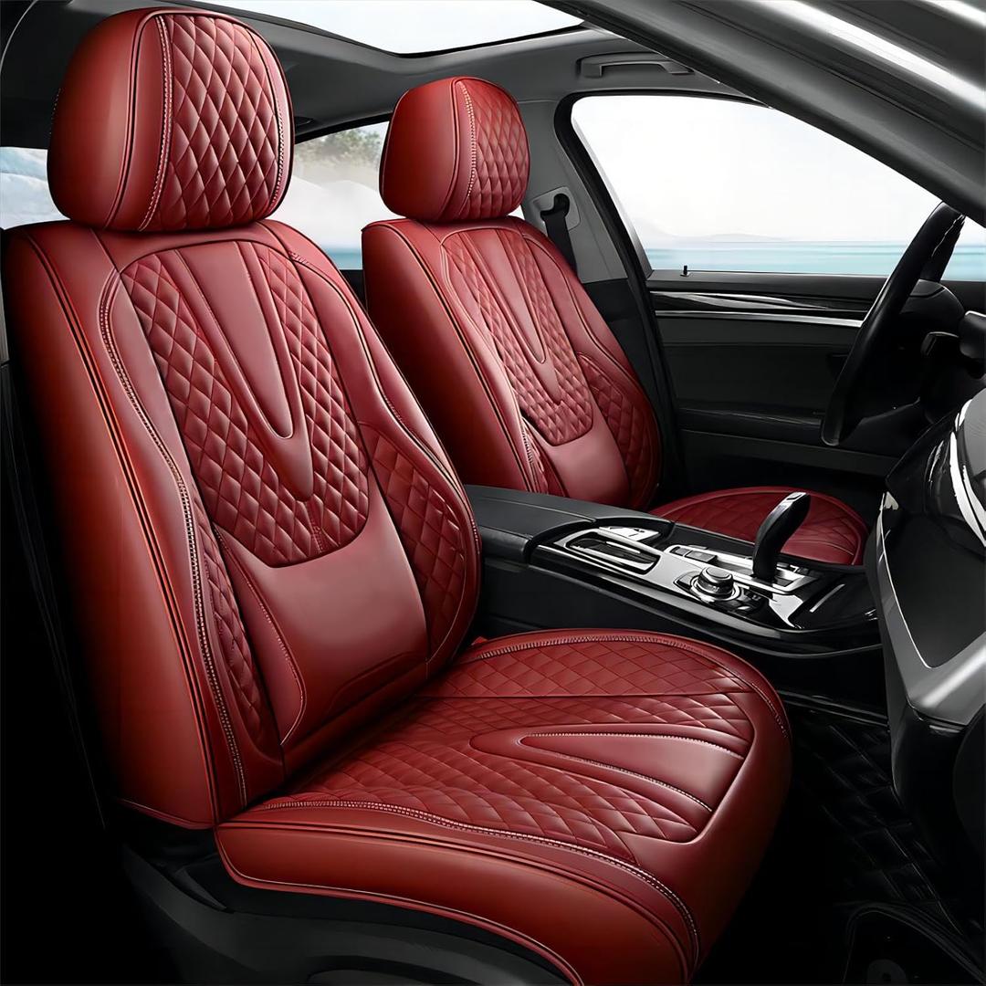 Car Seat Covers Full Set Waterproof Faux Leather Universal Seat Cover for Cars Protectors Fit for Most SUV Truck Sedans Pick-up Jeep, Airbag Compatible (Wine Red, Front Pair)