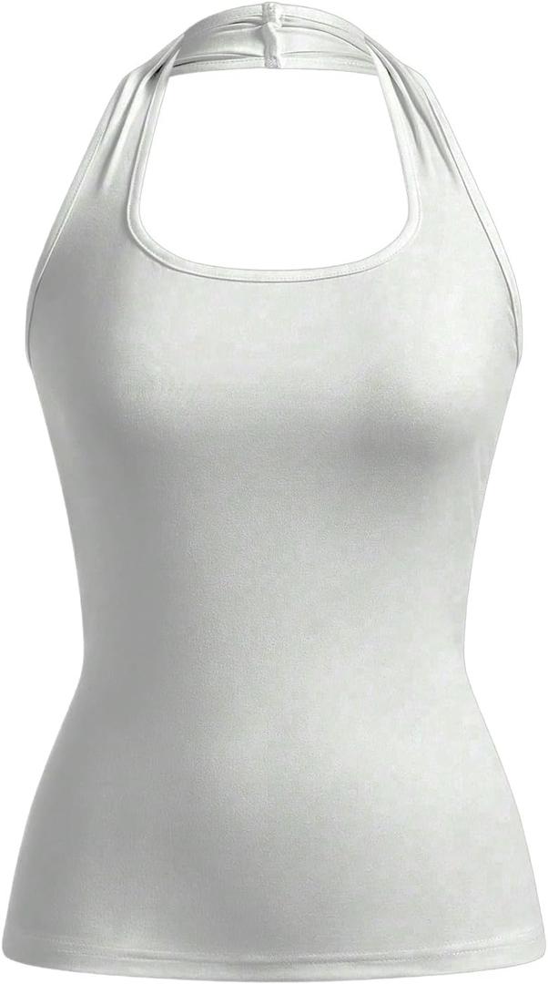 SOLY HUX Women's Summer Halter Top Sleeveless Tight Shirts Workout Yoga Tank Tops (White, L)