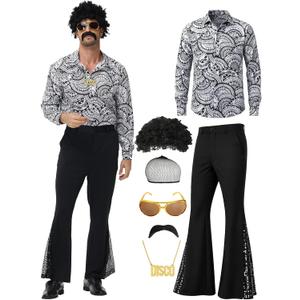 70s Outfits for Men, 7Pcs Disco Costume Include Retro Shirt Bell Bottom Pants Wig Sunglasses Necklace Wig Cap for Disco Party, XXL