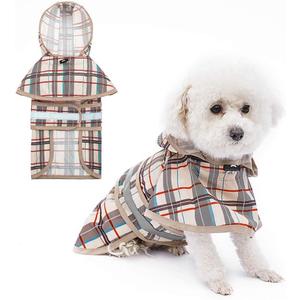 KOOLTAIL Dog Raincoat Hooded Slicker Poncho with Leash Hole, Raincoat for Small Medium Dogs, Waterproof Doggie Rain Jacket with Reflective Strip, Adjustable Breathable Plaid Puppy Rainwear-Beige M