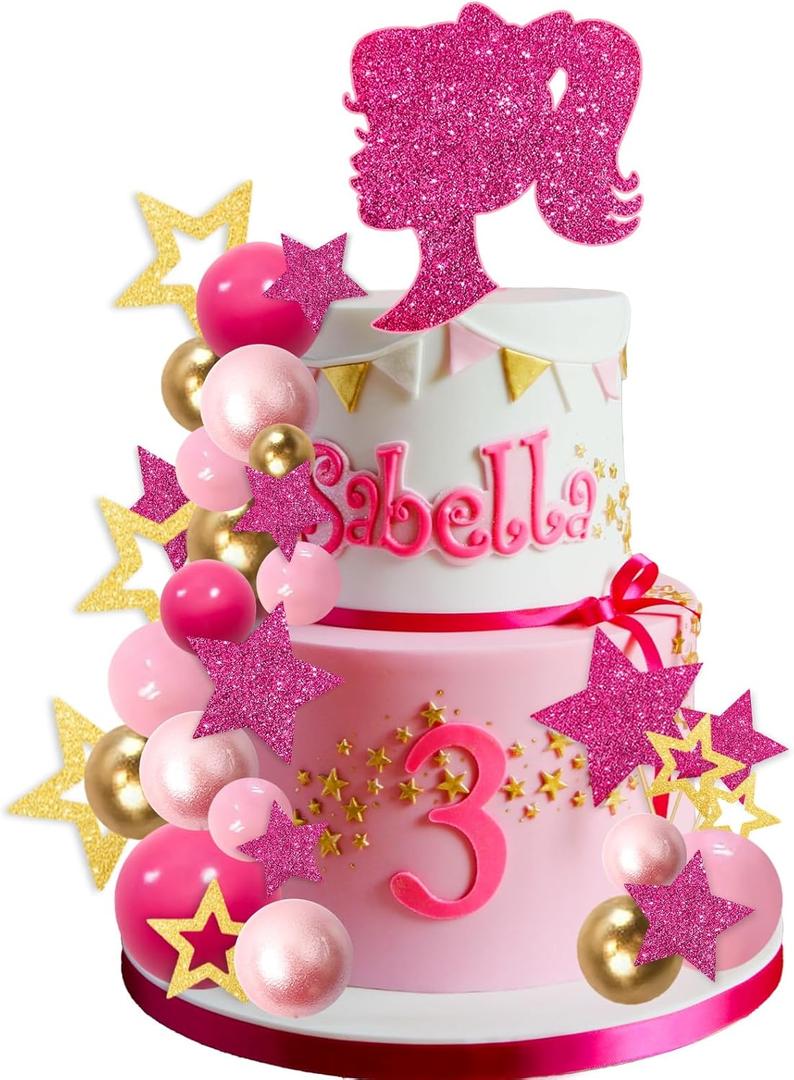 MEMOVAN Hot Pink Girl Cake Toppers 36pcs Ball Cake Decorations with Hot Pink Gold Balls Shiny Stars for Boho Girl Pink Princess Theme Wedding Baby Shower Birthday Party Supplies