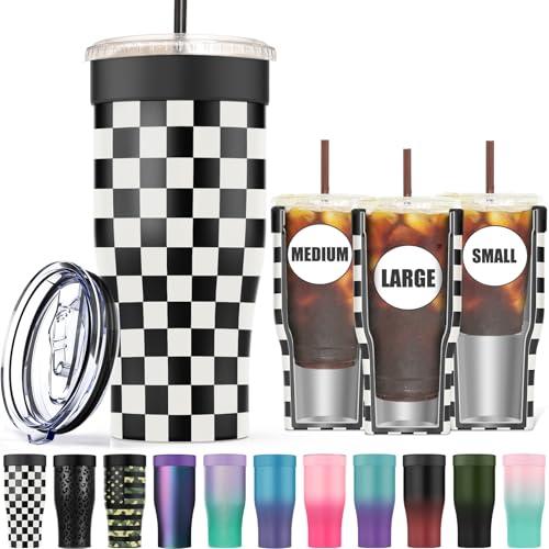 Universal Iced Coffee Sleeve - Insulated Double Wall Reusable Stainless Steel Holder Sleeves Insulator for Cold Drinks Fits Small Medium Large To Go Cups Gifts for Men Women Him Her (Black Checkered) 32oz