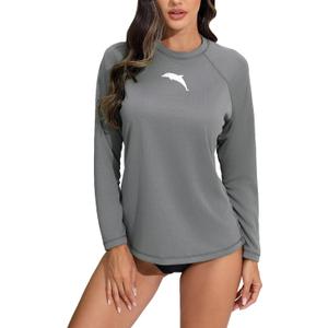 Halcurt Women's Long Sleeve Rash Guard Swim Shirt with Built in Bra Lightweight UPF50+ Quick Dry Swimsuit Top (Gray, M)