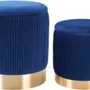 Blue Round Ottoman with Storage Set of 2 Upholstered Velvet Vanity Stool for Living Room Storage Ottomans Multifunctional Foot Rest