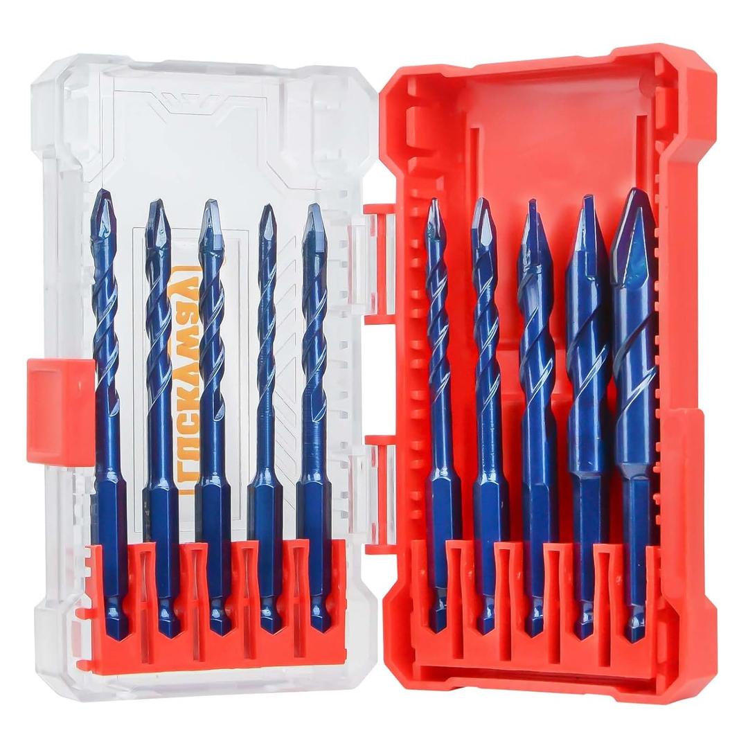 Luckyway 5/32"-1/2" Masonry Drill Bit Set 10-Piece,Concrete Drill Bit Set, Special Crooked Head Eccentric Drill Bit Set Profession for Glass,Brick,Plastic,Cement,Wood,Tile,Metal with Bit Storage Case