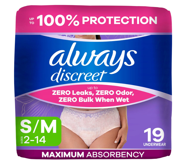 Always Discreet Adult Diapers for Women, Incontinence Underwear, Postpartum Essentials, Disposable Briefs, Max Absorbency, Bladder Leak Protection, Small/Medium, 19ct