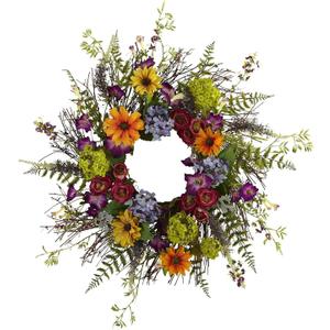 Nearly Natural 24-Inch Spring Garden Wreath with Twig Base, Multicolored/Green